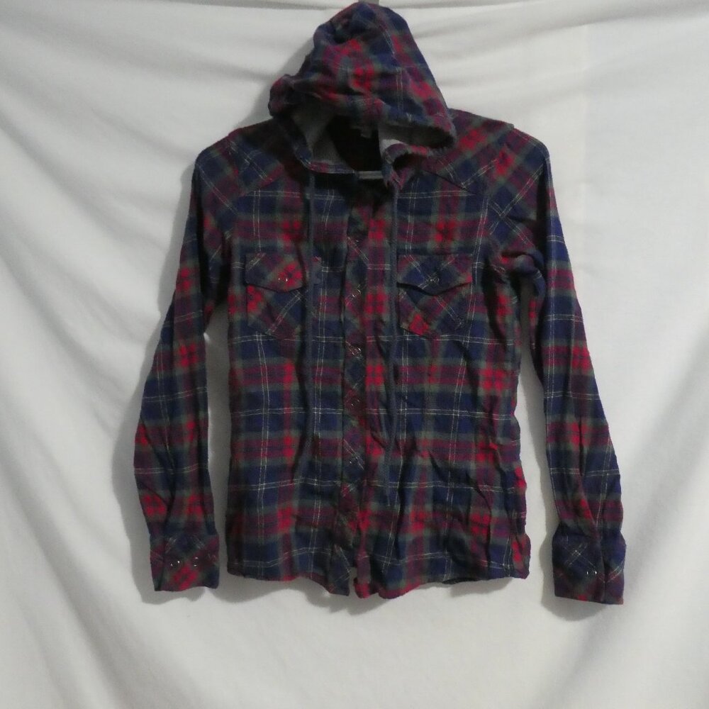 BLUE CRUSH | small | Snap Button Front Flannel Plaid Hooded Long Sleeve Shirt